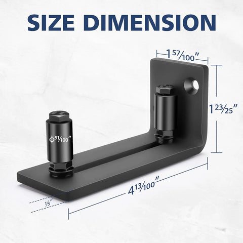 Heavy Duty Sliding Barn Door Floor Guide With Adjustable Rollers dimensions with measurements on a black steel bracket.