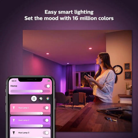 Person using phone app to control Smart Retrofit Recessed 5 To 6 Inch LED Downlight 1 Pack White And Color Ambiance Color Changing Light