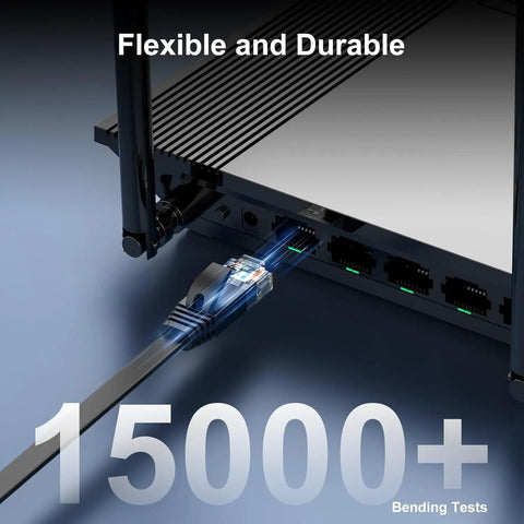 Close-up of Cat6 Ethernet Cable 10 Ft Flat 5 Pack Snagless RJ45 Connectors plugged into network device, highlighting flexibility and durability.