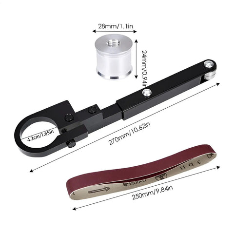 Heavy Duty Angle Grinder Belt Sander Attachment Portable Sanding Adapter With Stable Alloy Bracket For Woodworking Precision Grinding and Finishing Projects Easy To Use Tool Accessory components and dimensions