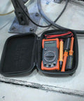 Tough As Nails Hard Case for tools and tech devices, housing a meter and screwdrivers, 8.75x2.25x6.5 inch storage, open view.