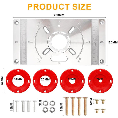 Rock Solid Workhorse Aluminum Router Table Insert Flip Plate With Four Bold Red Center Rings And Precision Mounting Kit For Tight Woodworking Bench Setup, 233x120mm, detailed view.