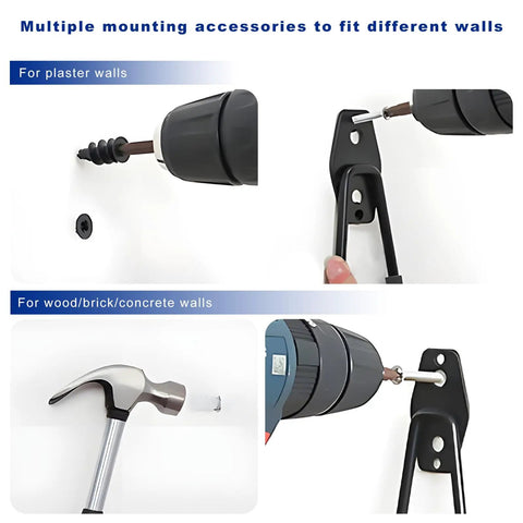Wall Mounted Carbon Steel Garage Hooks Ev Charger Holder Anti Slip Coating Heavy Duty Storage installation on various wall types.