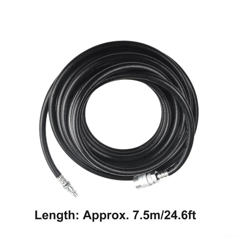 Heavy Duty 24.6 Foot PVC Air Compressor Hose With Quick Connect Fittings Sweet For Pneumatic Tools In Home Garage Setting Black 5mm ID Has Pro Grade Durability Flexibility For Everyday Workshop Set For Fast Tool Swaps And Rock Solid Air Flow. coiled black PVC air compressor hose with quick connect fittings, 24.6 ft