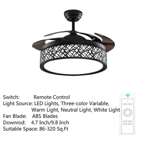 42 Inch Retractable Ceiling Fan With LED Light And Remote Control shown with ABS blades and design details in black finish