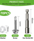 370 Piece Job Site Staple 410 Stainless Steel Number 8 By 3/4 Inch Hex Washer Head Self Drilling Screw Kit With 185 Washers And Magnetic Socket Bit In Durable Clear Case showing washer, screw, and hex socket bit sizes.