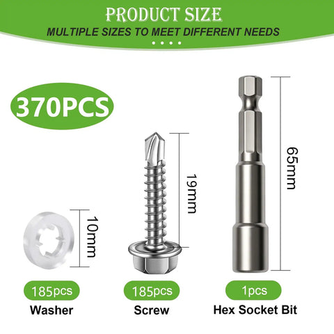 370 Piece Job Site Staple 410 Stainless Steel Number 8 By 3/4 Inch Hex Washer Head Self Drilling Screw Kit With 185 Washers And Magnetic Socket Bit In Durable Clear Case showing washer, screw, and hex socket bit sizes.