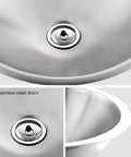 Slick Gold Polish 304 Stainless Steel Round Vessel Sink Built Different Undercounter Basin Scratch Resistant Single Bowl Lavatory Top view of stainless steel drain and brushed finish.