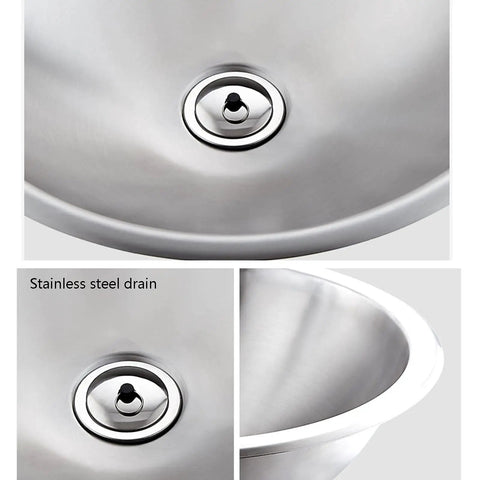 Slick Gold Polish 304 Stainless Steel Round Vessel Sink Built Different Undercounter Basin Scratch Resistant Single Bowl Lavatory Top view of stainless steel drain and brushed finish.