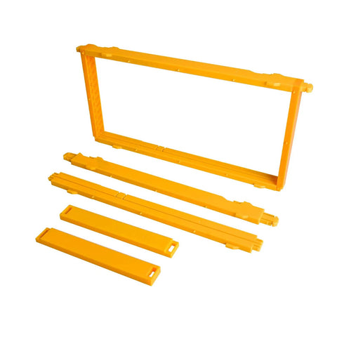 Five Pack Durable Plastic Beehive Frames With A 3 In 1 Design For Wires Wax Foundations And Honeycomb Cassettes Fits 8 And 10 Frame Hives 19 By 9 Inches Easy To Install Back To Back Friendly For Quick Harvest shown disassembled