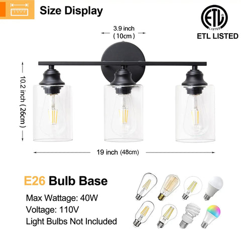 Black 3 Light Vanity Light Fixture Set With Clear Glass Shades Modern Farmhouse Bathroom Lighting Size Display