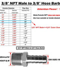 Diagram and close-up of Beduan Stainless Steel Three Eighths Hose Barb To Three Eighths Npt Male Home Brew Fittings Pack Of 2 For Water Fuel And Air 304 Stainless High Pressure Up To 2800 Psi Ideal For Home Brewing And Industrial Fluid Applications.