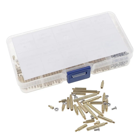 Rad M2 Brass Knurled Standoff Assortment Kit With Tough As Nails Round Spacers And Stainless Steel Screws And Nuts For Pro Tech Builds And Awesome 270Pc Diy Fixes in storage case with parts scattered.