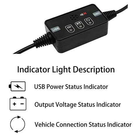 USB Powered Vehicle OBD II Connector Memory Saver with indicator lights for ECU settings during battery swap.