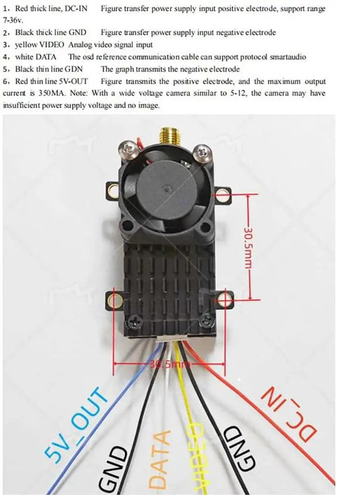 Top view of TX2500 V4 5 8 GHz FPV Transmitter with 2000mW power, cooling fan, and wiring connections labels for RC FPV fixed wing drones.