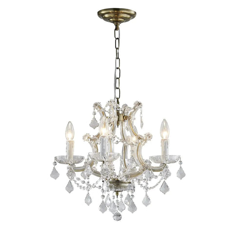 Four Light Maria Therese K9 Crystal Chandelier With Antique Brass Finish, Modern Glam Pendant Light, 17x17, Adjustable Chain