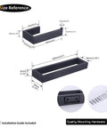 Matte Black 2 Piece Bathroom Accessory Set With Durable SUS 304 Stainless Steel Toilet Paper Holder And Towel Ring Wall Mount Built To Last Easy Clean Rustproof Sleek Modern Bath Must Have No Fuss Install size reference diagram with mounting hardware.