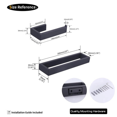 Matte Black 2 Piece Bathroom Accessory Set With Durable SUS 304 Stainless Steel Toilet Paper Holder And Towel Ring Wall Mount Built To Last Easy Clean Rustproof Sleek Modern Bath Must Have No Fuss Install size reference diagram with mounting hardware.