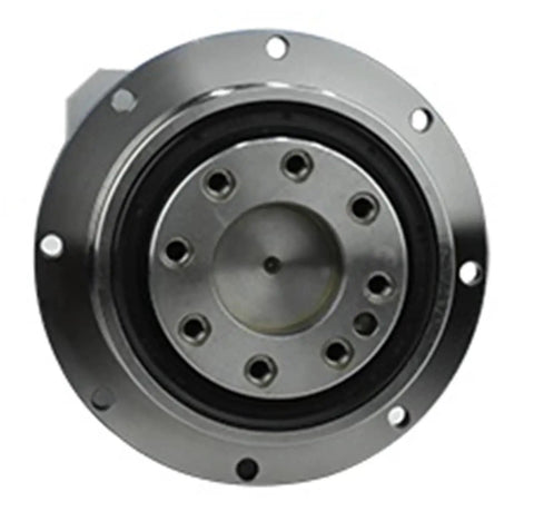 Front view of Beefy Flange Output Planetary Gear Reducer With 5 Arcmin 2 Stage Setup 20 To 1 Up To 100 To 1 Ratio For Nema 34 Stepper Motor Input Shaft Half Inch Twelve Point Seven Millimeters Heavy Duty Gearbox