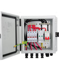 Heavy Duty 4 String PV Combiner Box With A Straight Up 15A Setup and Rock Solid Metal Housing, showing internal wiring and circuit components.