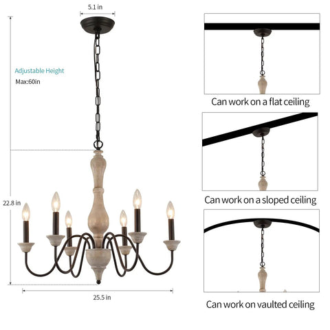 French Country Farmhouse Chandelier Pendant Light Fixture with measurements and ceiling options