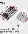 Premium Glass Hinge Set Four Piece Kitchen Bath Pivot Bracket Slick Chrome Finish Display Case Mount Hardware Quick Setup with dimensions.