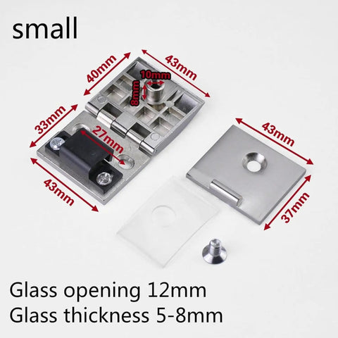 Premium Glass Hinge Set Four Piece Kitchen Bath Pivot Bracket Slick Chrome Finish Display Case Mount Hardware Quick Setup with dimensions.