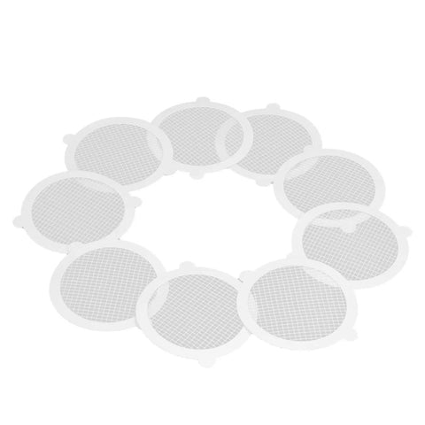 Sanpyl 50Pcs Shower Drain Hair Catcher Fiberglass Dense Mesh showing 10 circular meshes for hair catching.