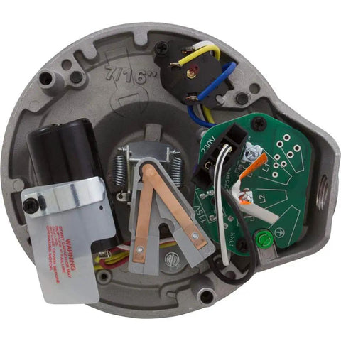 Centurion Pro 1.1HP single speed motor end frame with PCB terminal board and shaft access tools visible