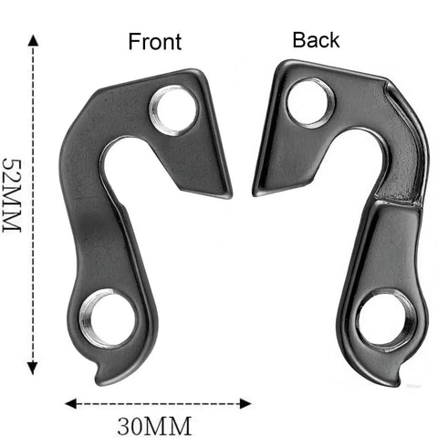 Front and back of black Rear Derailleur Hanger Replacement For Mountain And Road Bikes Compatible With GT Aggressor, 52mm height, 30mm width