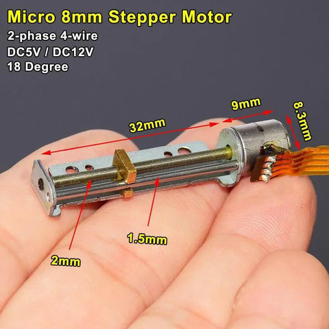 Heavenly Smooth 8MM DC 5V 12V Precision Stepper Motor With 30Mm Stroke Linear Actuator displayed in hand with measurements.