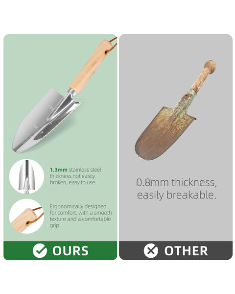 Comparison of trowels: 9-Piece Premium Gardening Tool Set For Women with stainless steel trowel vs. rusty alternative.