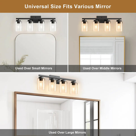 Top Shelf Four Light Bathroom Vanity Fixture With Slick Matte Black Frame And Knockout Clear Glass Shades Prime Wall Sconce Over various size mirrors.