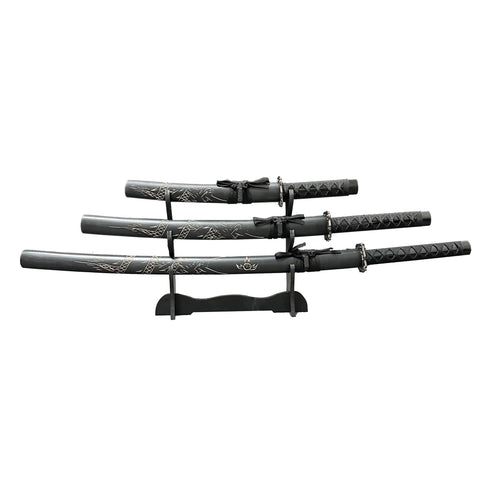 Dope Six Color Iaido Training Katana Set With 1060 Carbon Steel Blades Three Piece With Sword Stand, black motif dragon engravings