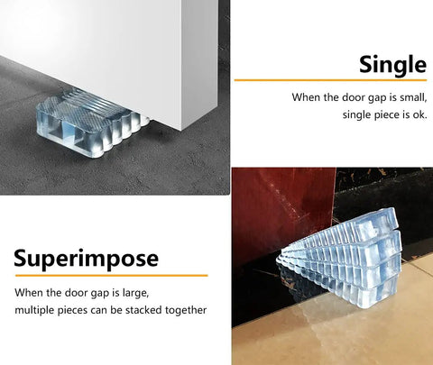 Four Pack Clear Rubber Door Stops Wedges For Floors And Patios Heavy Duty Anti Slip Door Stoppers Transparent And Stackable With Hollow Bottom For Strong Grip under door and stacked.