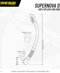 Diagram of a dry snorkel with instant seal, showing dimensions and features, great for open water fun and easy breathing.