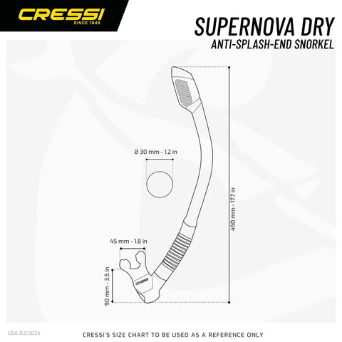 Diagram of a dry snorkel with instant seal, showing dimensions and features, great for open water fun and easy breathing.