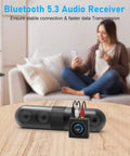 Bluetooth 5.3 Receiver And RCA Audio Adapter For Old School Stereo Stream HiFi Music From Phone Tablet Or Laptop 100 Foot Range 3.5mm AUX Input Dual Link For Two Speakers SBC AAC Compatible on table with couch background