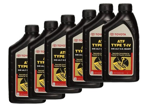 Toyota T IV T4 Automatic Transmission Fluid Six Pack 192 Ounces Per Bottle, universal fit, shown in six black bottles, front view.