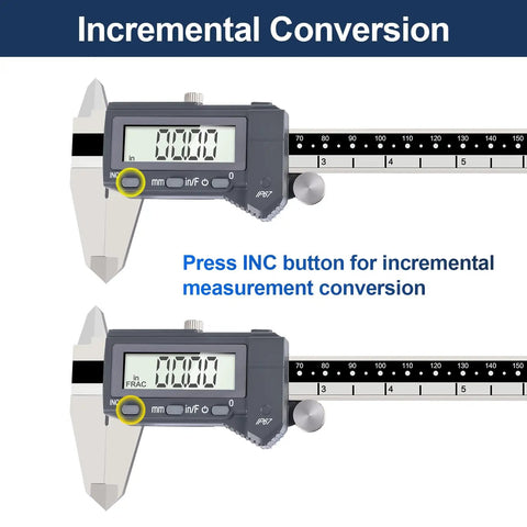 6 Inch Digital Caliper With Absolute Precision, Pro Grade, IP67 Waterproof And Oil Resistant, showing incremental conversion