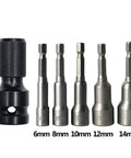 Two Pack 1/2 Inch Square Drive To 1/4 Inch Hex Female Socket Adapter Chuck For Impact Wrench And Air Or Electric Tools, shown with various sizes