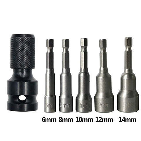 Two Pack 1/2 Inch Square Drive To 1/4 Inch Hex Female Socket Adapter Chuck For Impact Wrench And Air Or Electric Tools, shown with various sizes