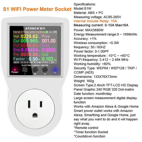WiFi Watt Meter With Plug In US Socket Real Time Electricity Usage And Bill Stats Temperature Control Backlit 2.4 Inch Color Display Overload Protection Voltage And Current Tester Energy Monitor Timer Tuya Smart Life App Compatible, white plastic
