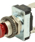 Red Momentary Push Button Switch For AC DC Power, panel mount, with heavy duty nylon crimp terminals, 14 gauge wire compatibility