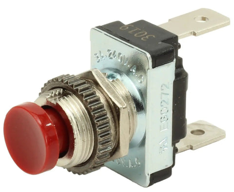 Red Momentary Push Button Switch For AC DC Power, panel mount, with heavy duty nylon crimp terminals, 14 gauge wire compatibility