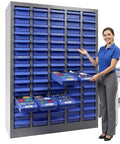 75 Drawer Parts Cabinet With Alloy Steel Frame For Heavy Duty Bolt And Nut Tool Organization, woman showcasing blue drawers