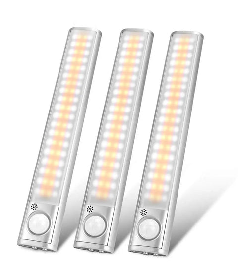 Three-pack of Under Cabinet Lighting 80 LED Closet Light With Motion Sensor USB Rechargeable Dimmable Night Light Bar Stick On