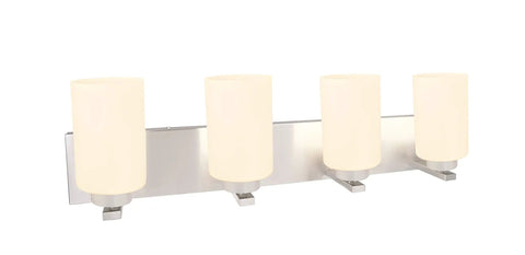 Four-Light Metal Bathroom Vanity Wall Light Fixture, 30 Inch Wide Satin Nickel With Opal Glass Shades, Transitional Style