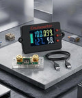 Hella Precise Pure Copper Shunt Battery Monitor Tracks 0 To 100 Amps Across 8 To 120 Volt Systems Featuring A Badass 32 Bit Chip And Usb Data Logging Plus Bidirectional Measurement For Solar Projects And RV Camper Builds with LCD display and copper shunt.