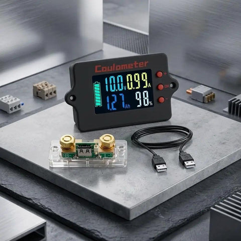 Hella Precise Pure Copper Shunt Battery Monitor Tracks 0 To 100 Amps Across 8 To 120 Volt Systems Featuring A Badass 32 Bit Chip And Usb Data Logging Plus Bidirectional Measurement For Solar Projects And RV Camper Builds with LCD display and copper shunt.